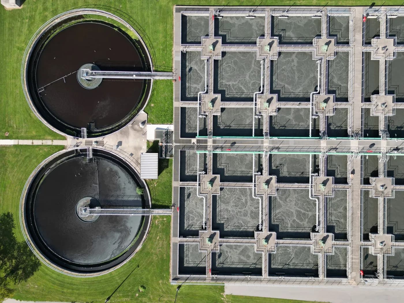 A wastewater treatment plant with its filtration basins, seen from above